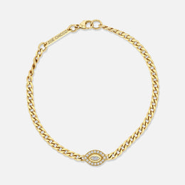 14k Yellow Gold Small Curb-Chain Marquise Diamond Halo Bracelet