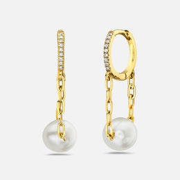 Diamond Huggie with Pearl & Chain Earrings