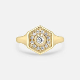 Diamond Hexagon Halo Gold Signet Ring