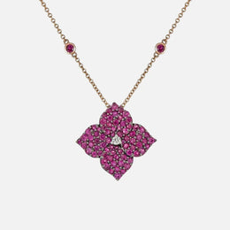 Fiore Large Deep Pink Sapphire and Diamond Flower Pendant Necklace