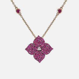 Fiore Small Deep Pink Sapphire and Diamond Flower Pendant Necklace