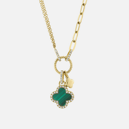 Diamond and Malachite Clover Paper Clip Link Gold Necklace
