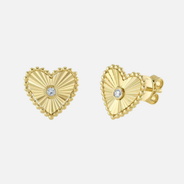 Heart-Shaped Gold Earrings with Bezel-Set Center Diamonds