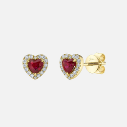 Heart-Shaped Ruby and Diamond Stud Earrings