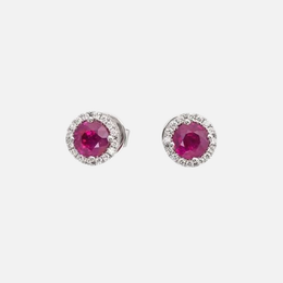 Round Ruby and Diamond Halo Stud Earrings