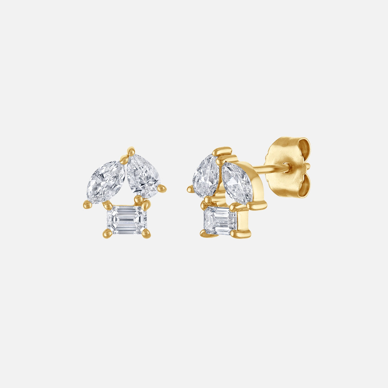 Refined by Razny Mixed-Shape Studs: Each earrings in this pair of studs features a pear, marquise and emerald diamond.