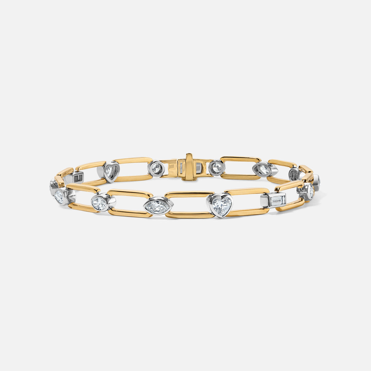 Refined Mixed-Shape Diamond Link Bracelet in white and yellow gold