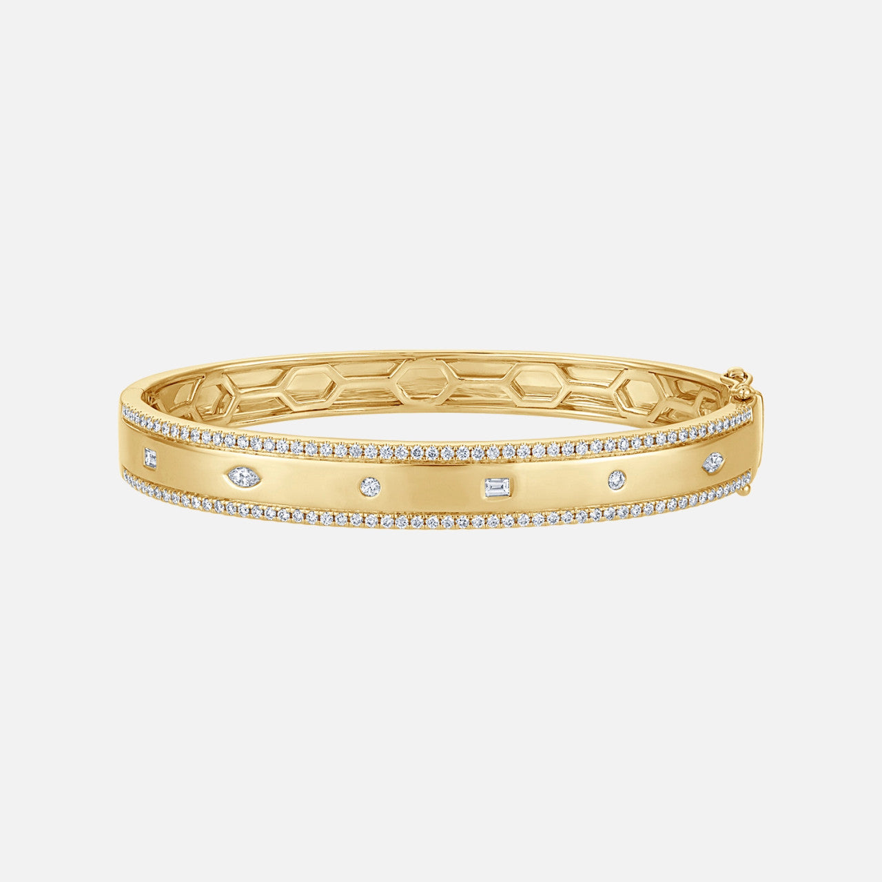 Mixed Shape Diamond Inlay Bangle Bracelet in yellow gold from Razny Jewelers