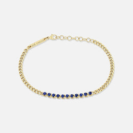 Blue Sapphire Tennis Segment Small Curb Chain Gold Bracelet