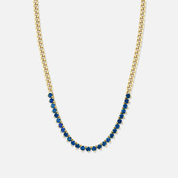 Blue Sapphire Tennis Segment Small Curb Chain Gold Necklace