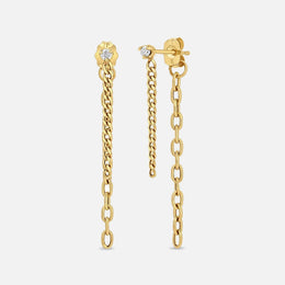 Diamond Mixed Chain Double Drop Gold Earrings