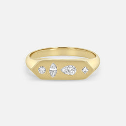 Diamond Mosaic Brushed-Gold Hexagon Signet Ring