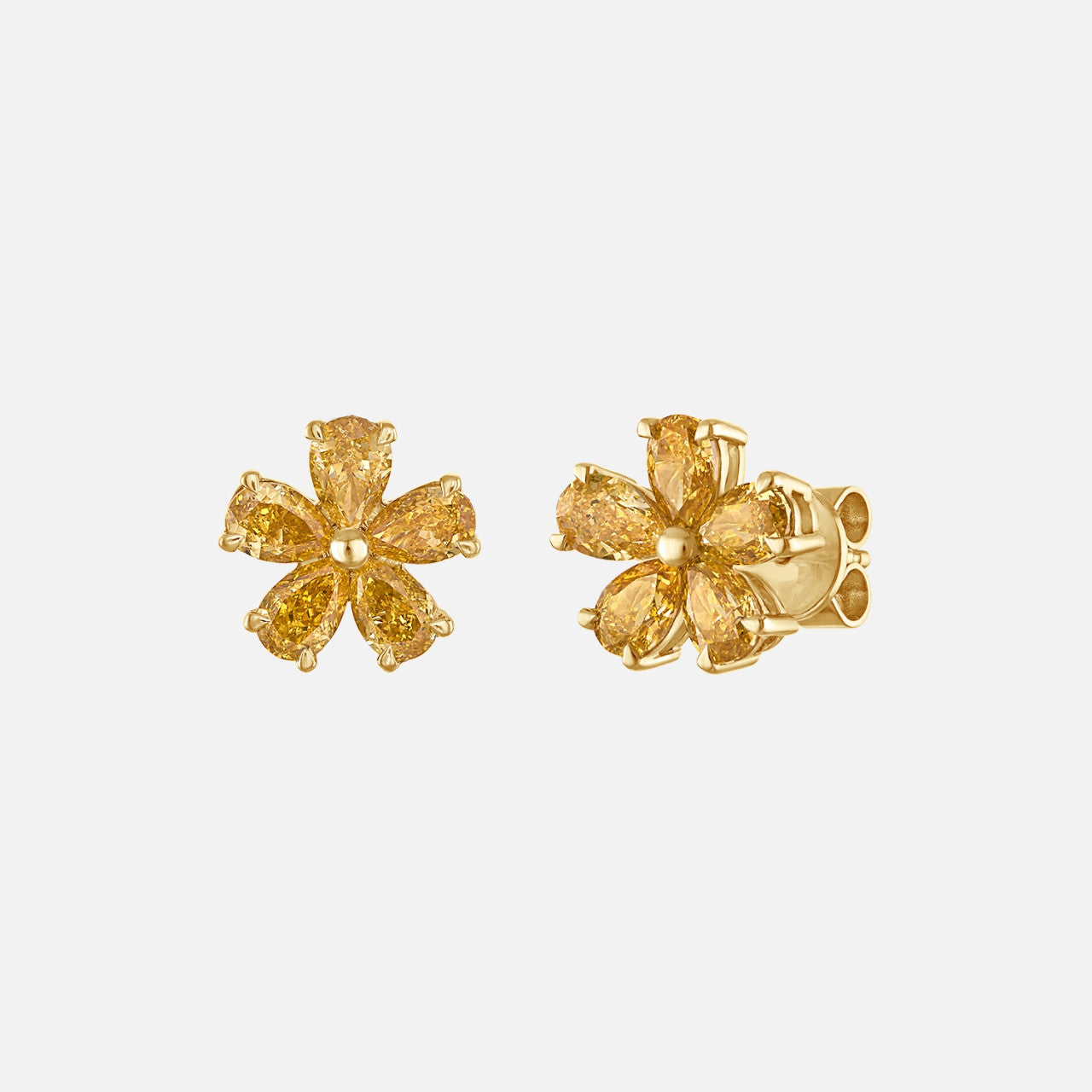Refined fancy yellow diamond flower earrings set in yellow gold