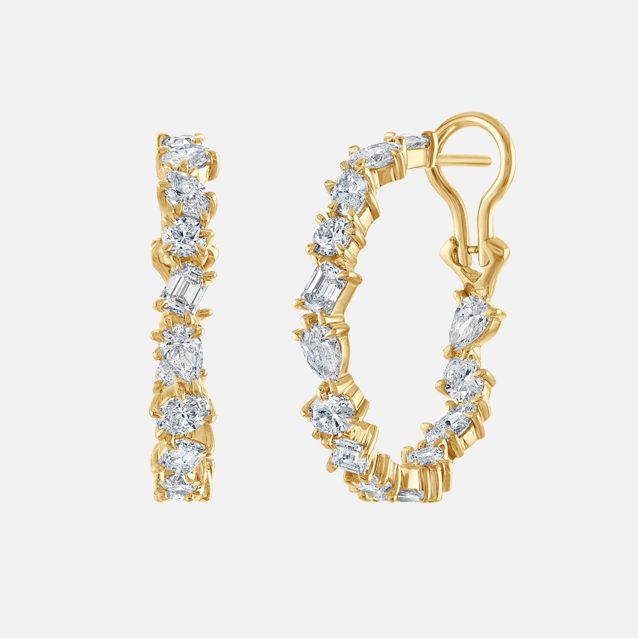 Refined diamond medium hoop earrings with round, pear, oval and emerald cut diamonds