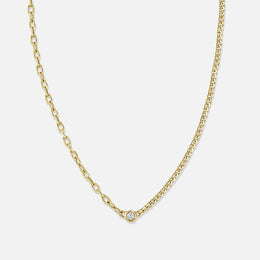 Floating Diamond Mixed Extra Small Curb Chain and Small Square Oval Chain Necklace