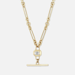 Gold Emerald-Cut Diamond Faux Toggle Large Paperclip and Rolo Chain Lariat Necklace