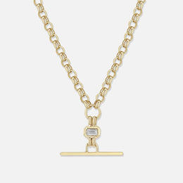 Gold Emerald-Cut Diamond Faux Toggle Rolo Chain Lariat Necklace