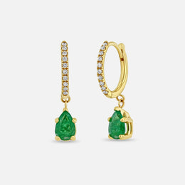 Gold Medium Pavé Diamond Hinge Huggie Hoops with Pear Emeralds