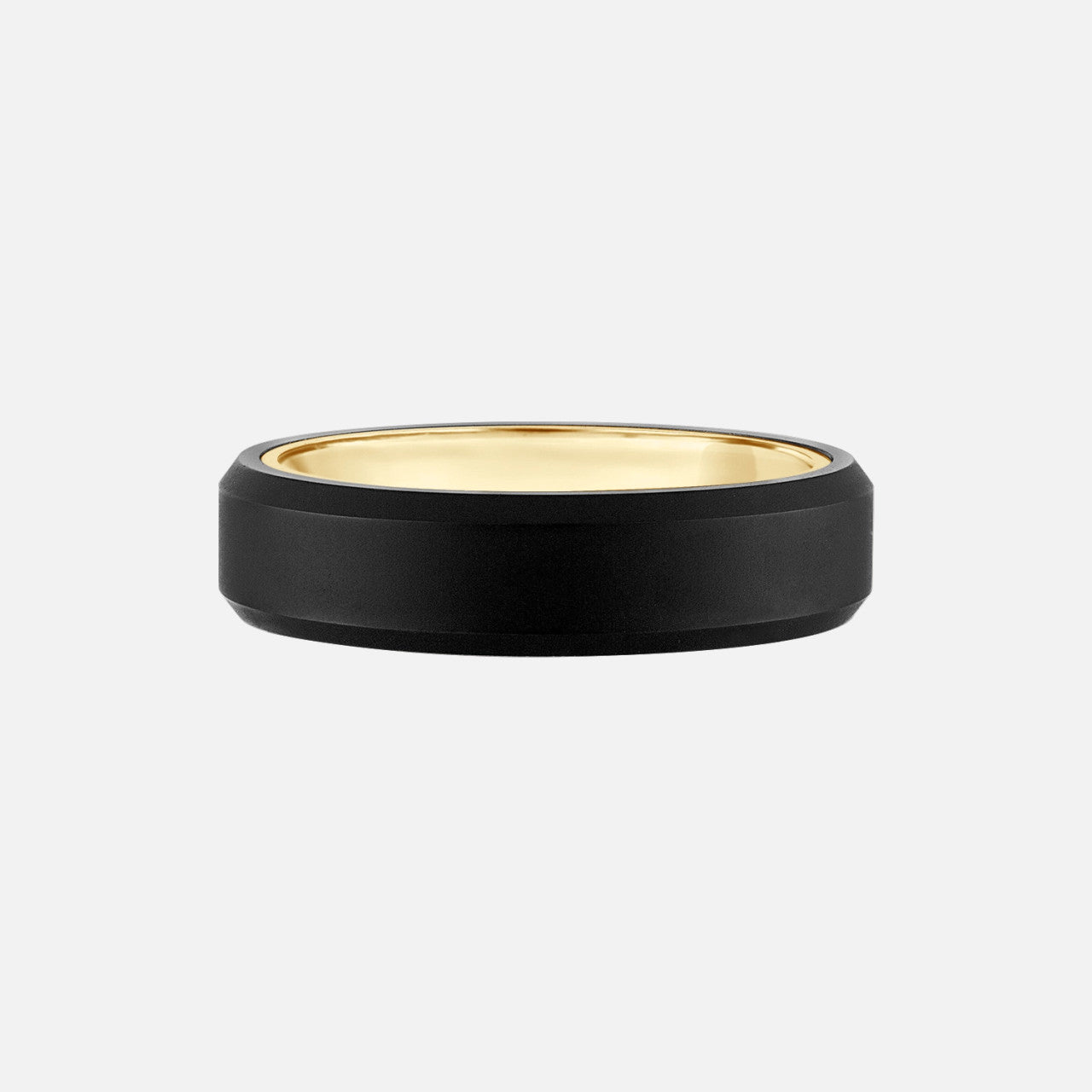 mens wedding band with tungstien top and beveled edge and yellow gold inside