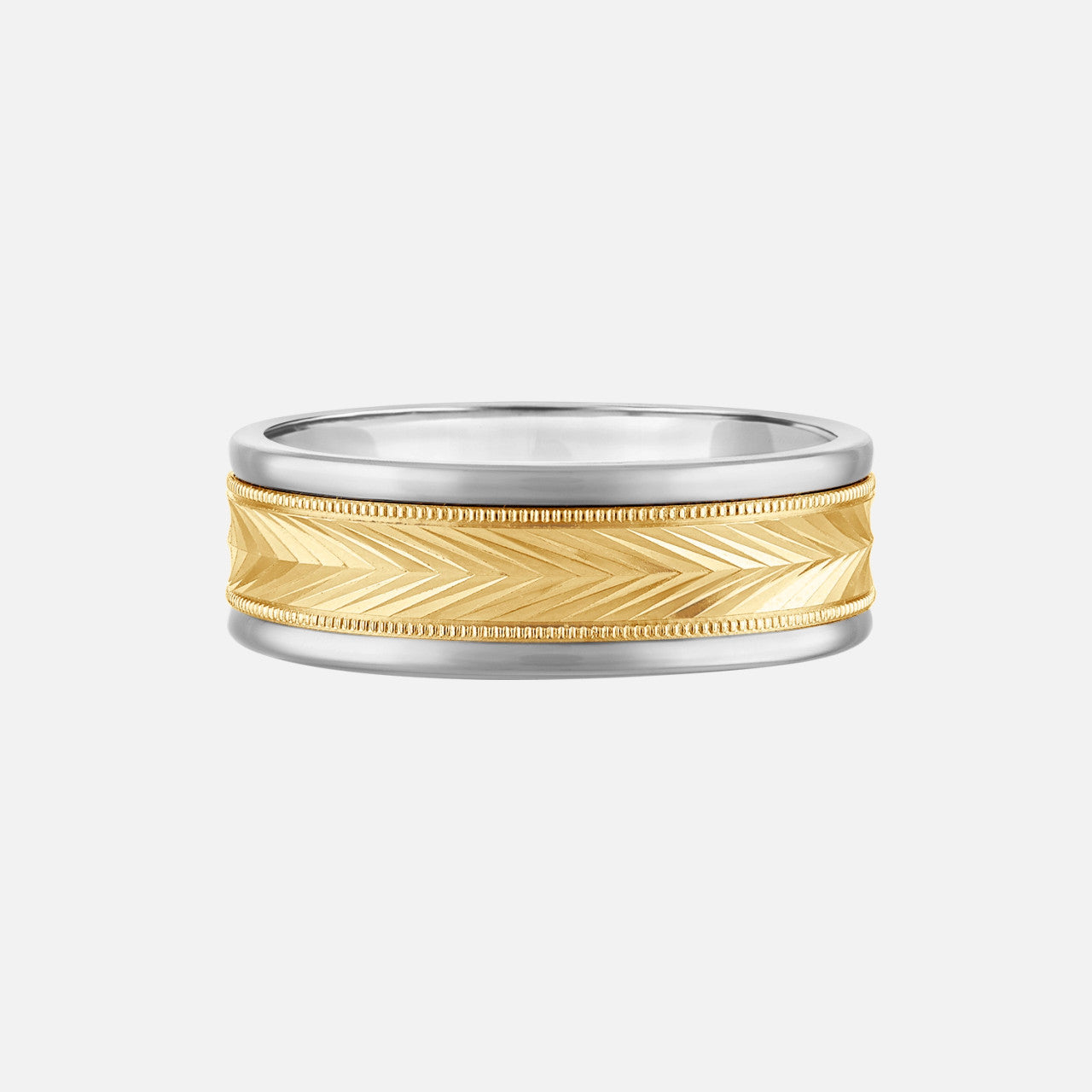 wedding band for men with yellow gold, herringbone center and white gold edges and inside