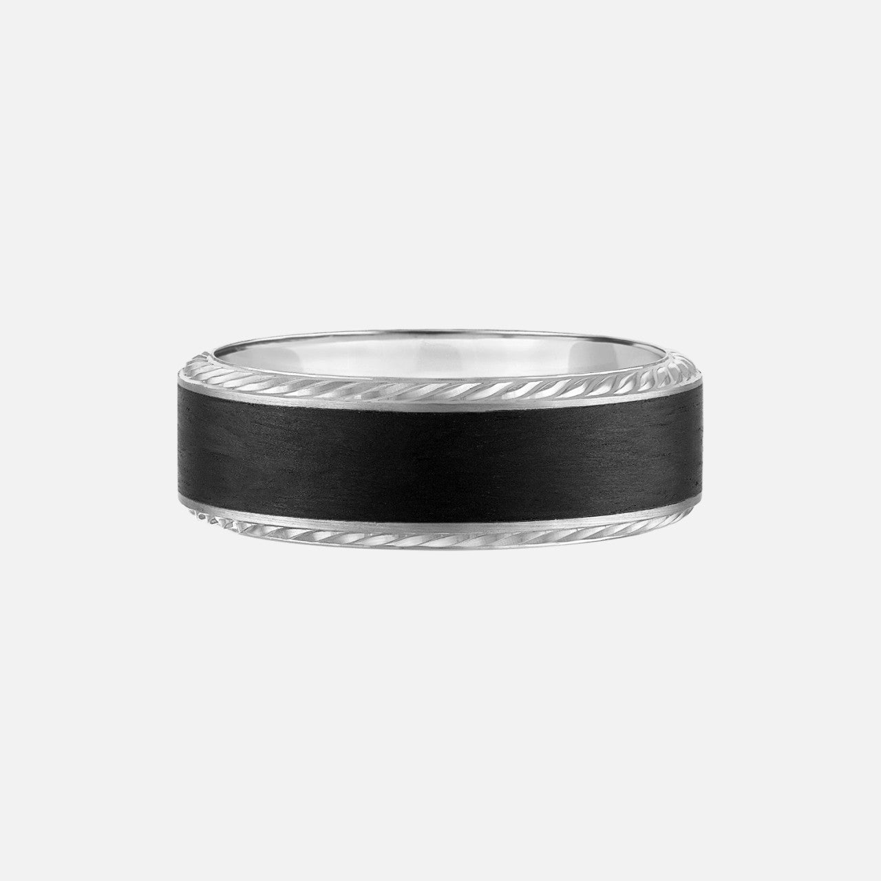 mens wedding band with black carbon center with white gold roped edges
