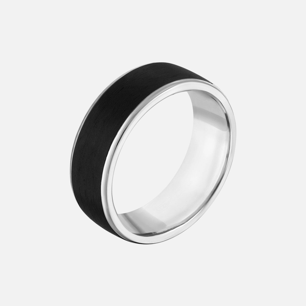 wedding band with black carbon fiber center and white gold in the inside