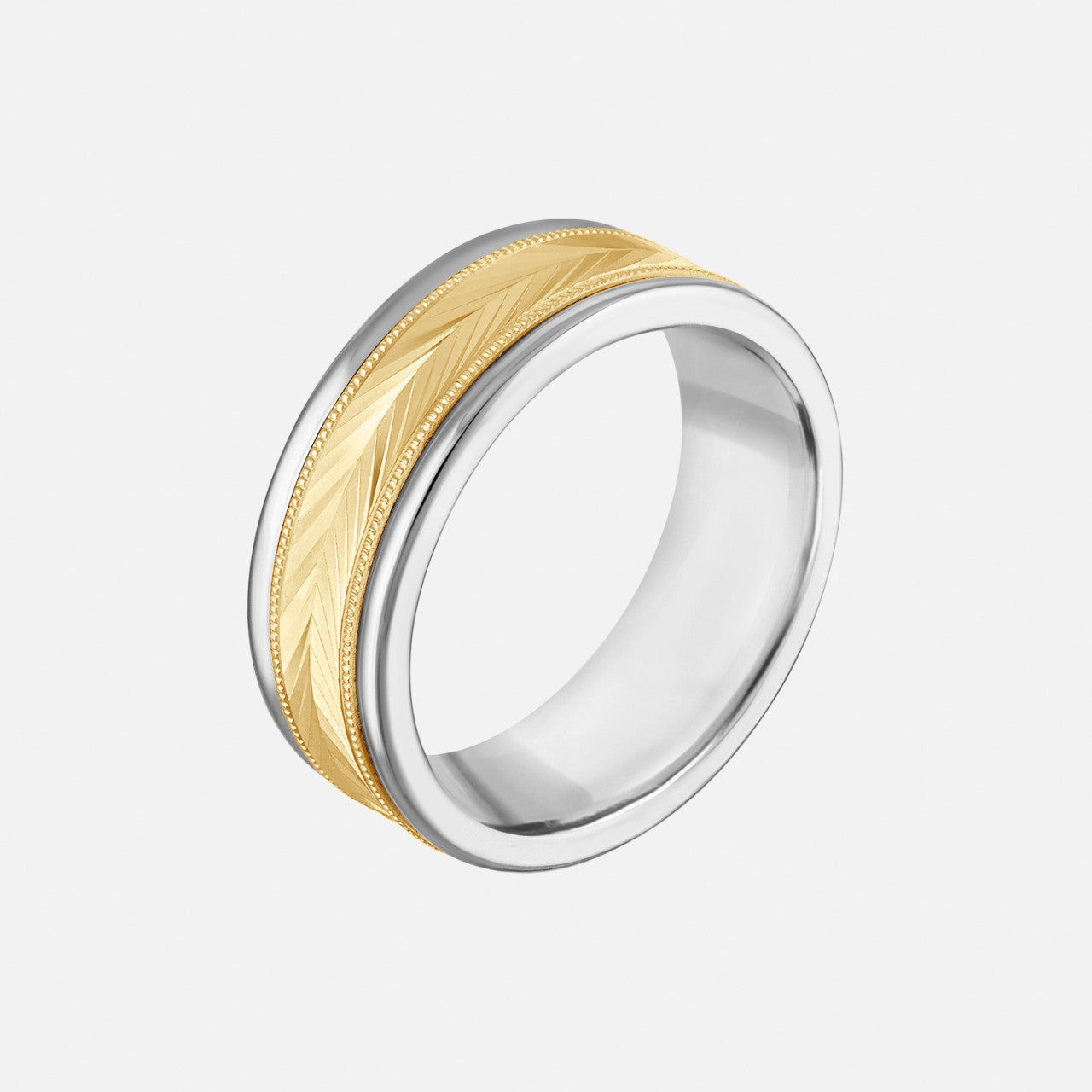 wedding band for men with yellow gold, herringbone center and white gold edges and inside