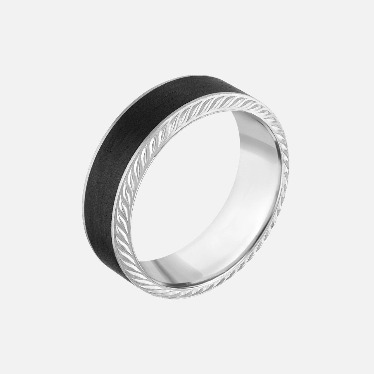 mens wedding band with black carbon center with white gold roped edges
