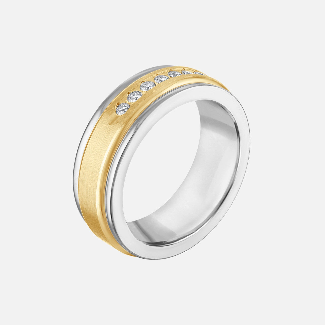 yellow gold wedding band with 7 diamond inlay and white gold edges and inside