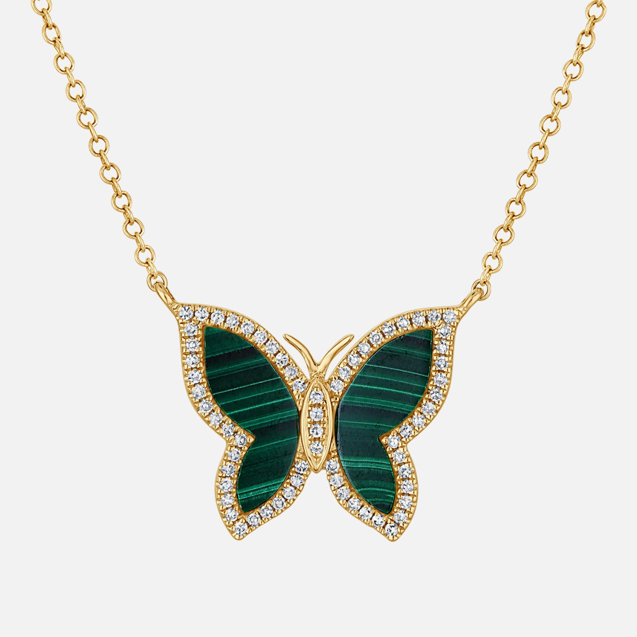 Malachite and Diamond Butterfly Necklace: This necklace features malachite butterfly wings framed by natural diamonds and accented with four small diamond center stones.