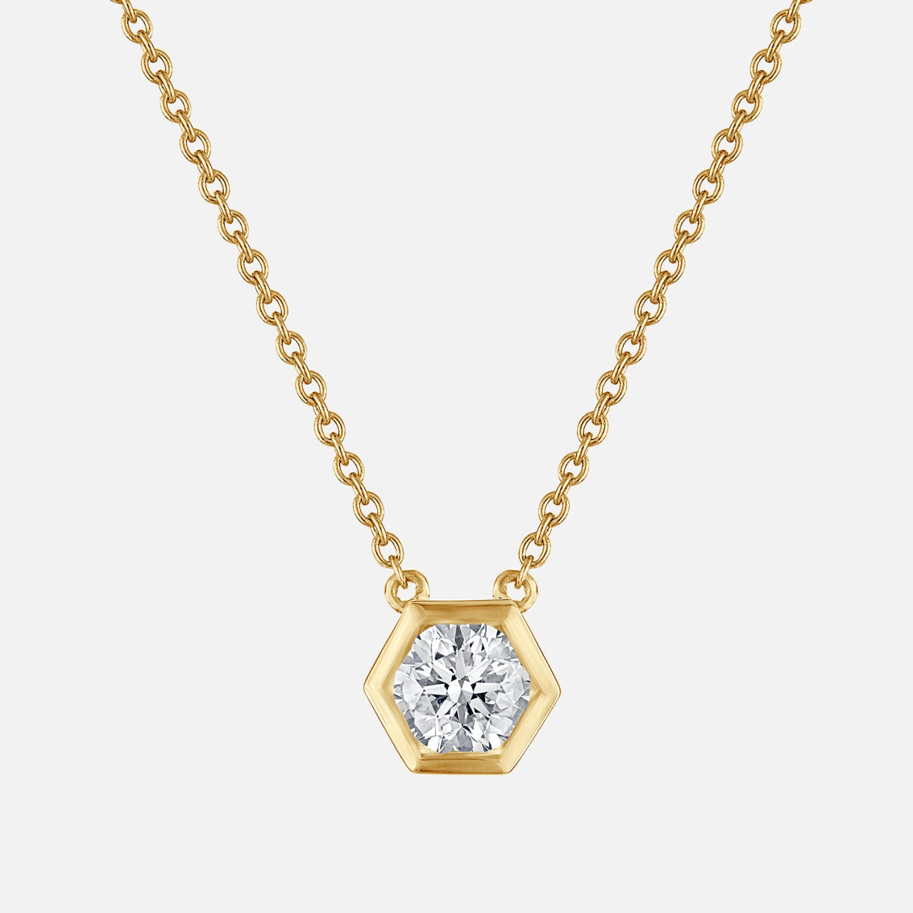 Refined 18 inch small necklace with honeycomb diamond solitare on yellow gold chain