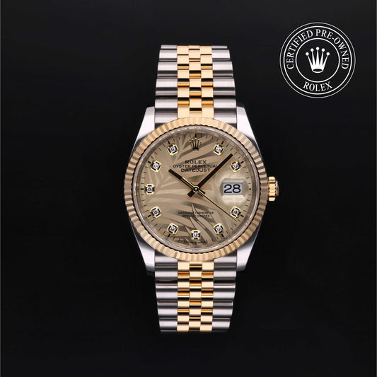 Rolex Datejust watch with a two-tone gold and silver Oyster bracelet, featuring a champagne-colored mother-of-pearl dial with diamond hour markers and a fluted bezel, shown against a black background with a 'Certified Pre-Owned Rolex' emblem in the top right corner.
