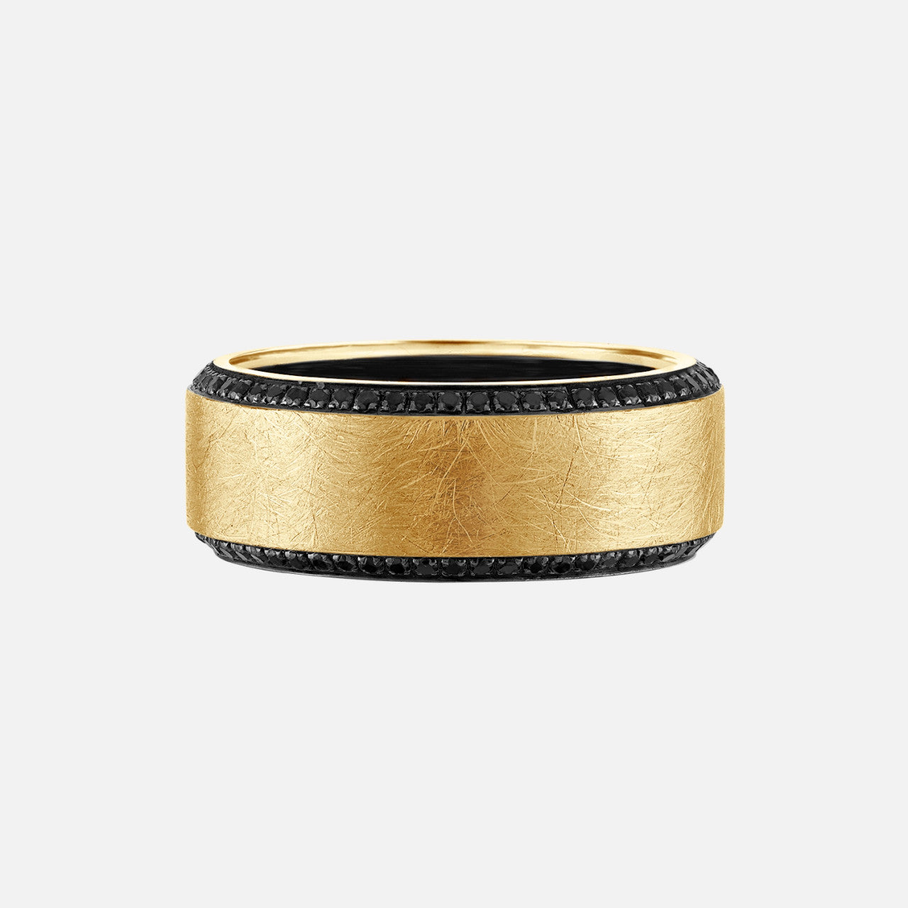 wedding band for men with yellow gold center and black diamonds around on the edges