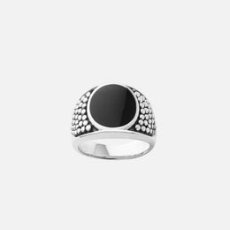 Sterling Silver Ring with Anthem Design and Oval Black Agate Stone