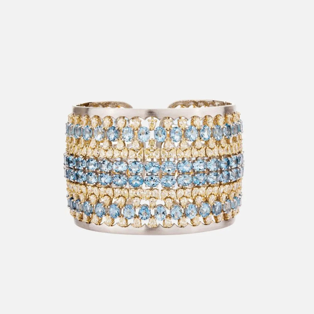 Multi-Row Aqua and Diamond Cuff Bracelet from Razny Jewelers