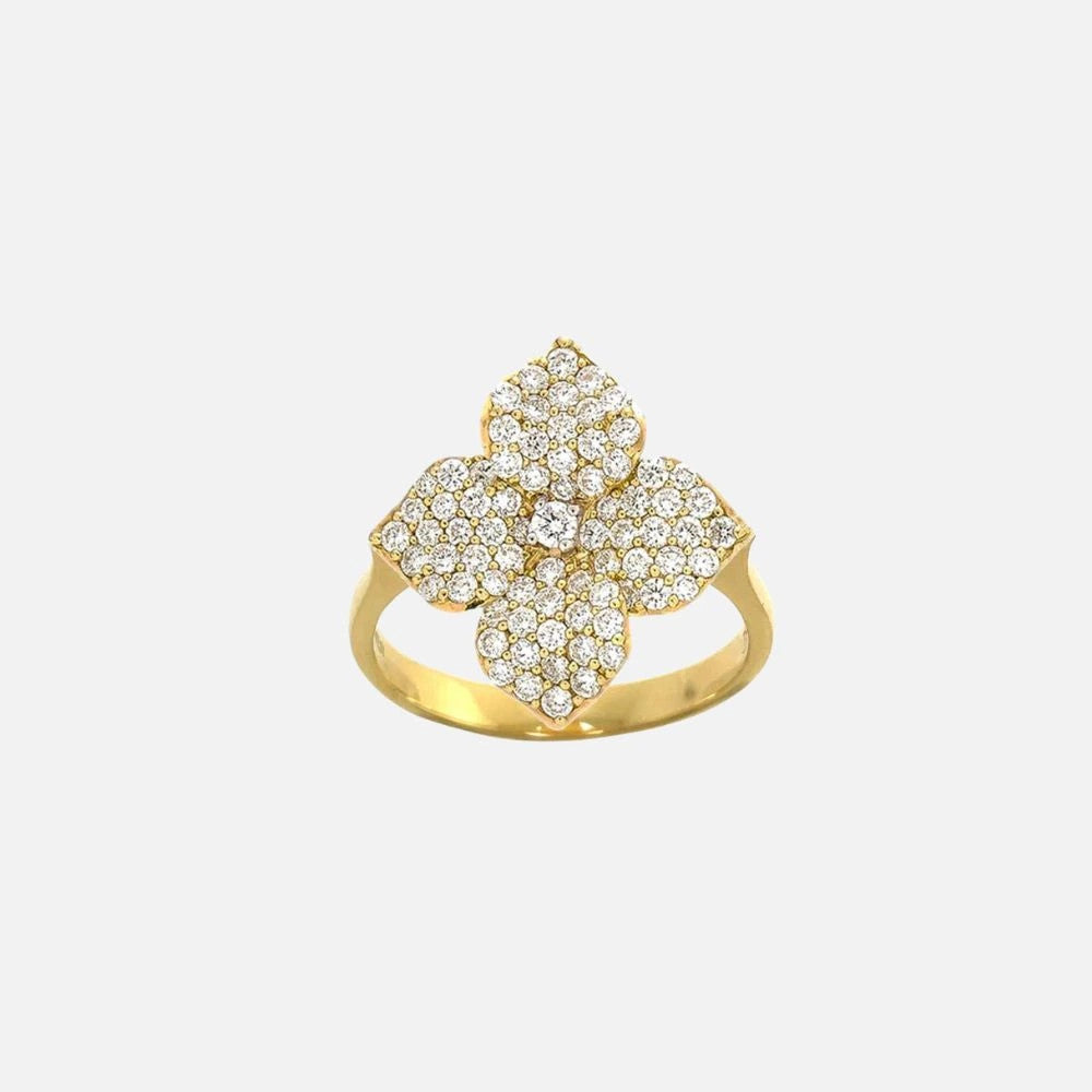 Piranesi ring at Razny Jewelers: This yellow and white gold flower-shaped ring features 77 round natural diamonds.