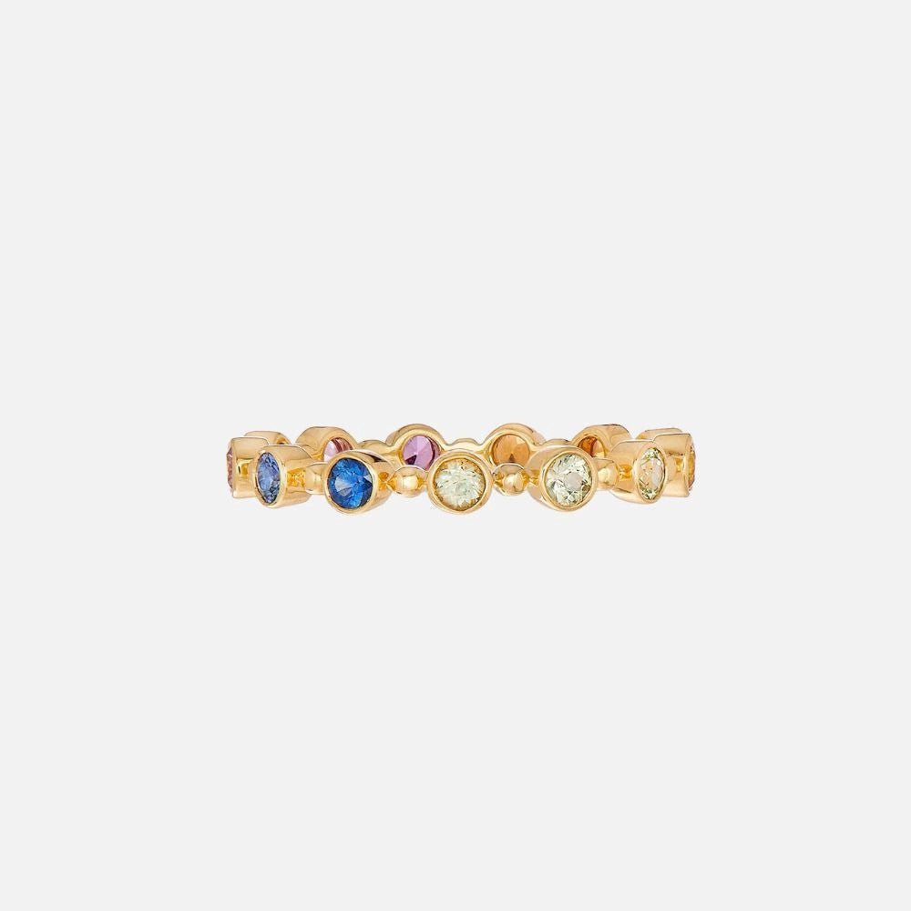 This petite band features 13 brilliant-cut multi-color sapphires set in yellow gold.