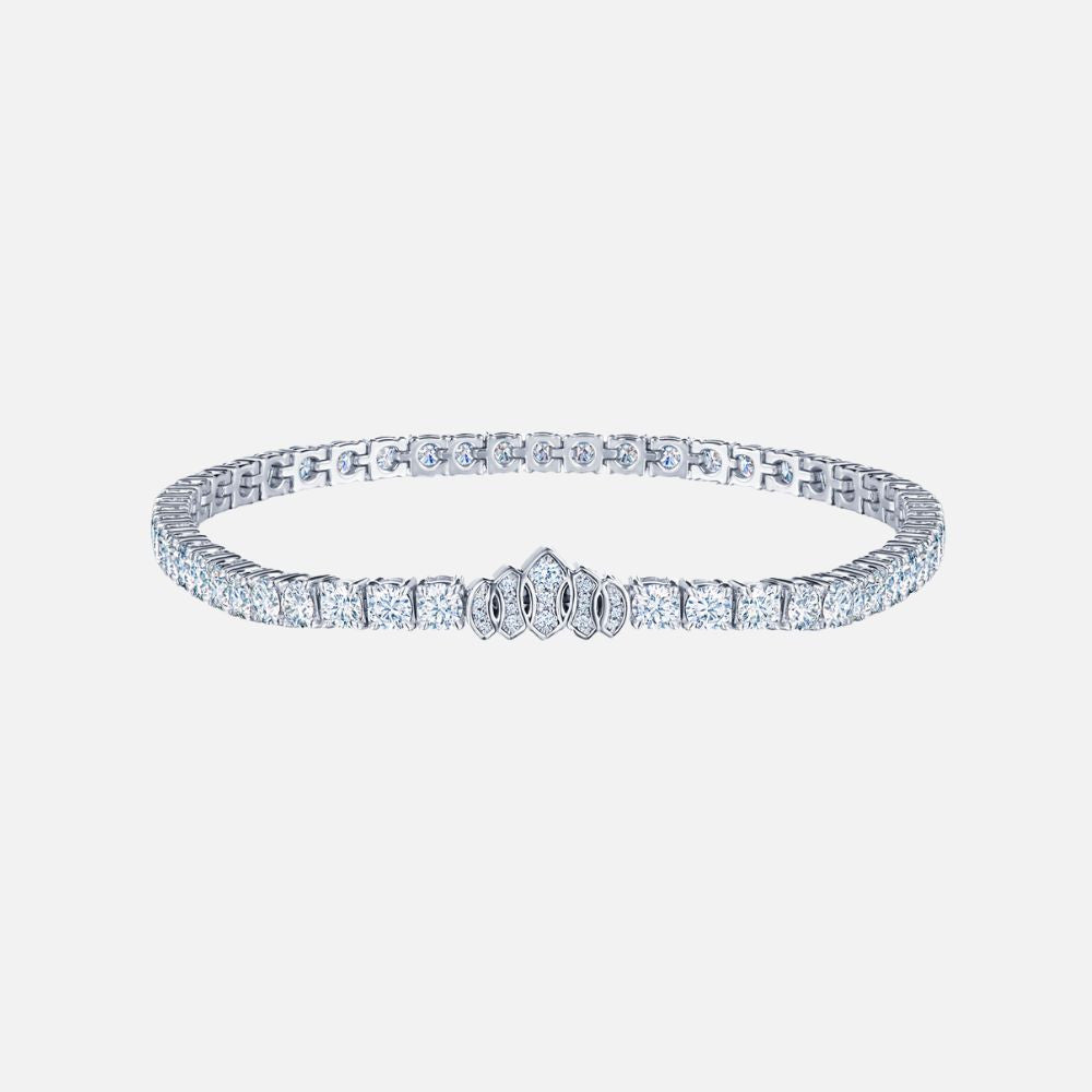 This platinum diamond bracelet is lined with 77 round natural diamonds cut to Kwiat’s Simply Brilliant® standards, with a tiara design.