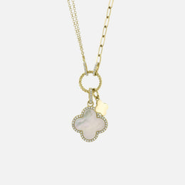 Diamond and Mother of Pearl Clover Paper Clip Charm Necklace in Yellow Gold