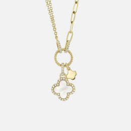 Small Diamond and Mother of Pearl Clover Paper Clip Charm Necklace in Yellow Gold