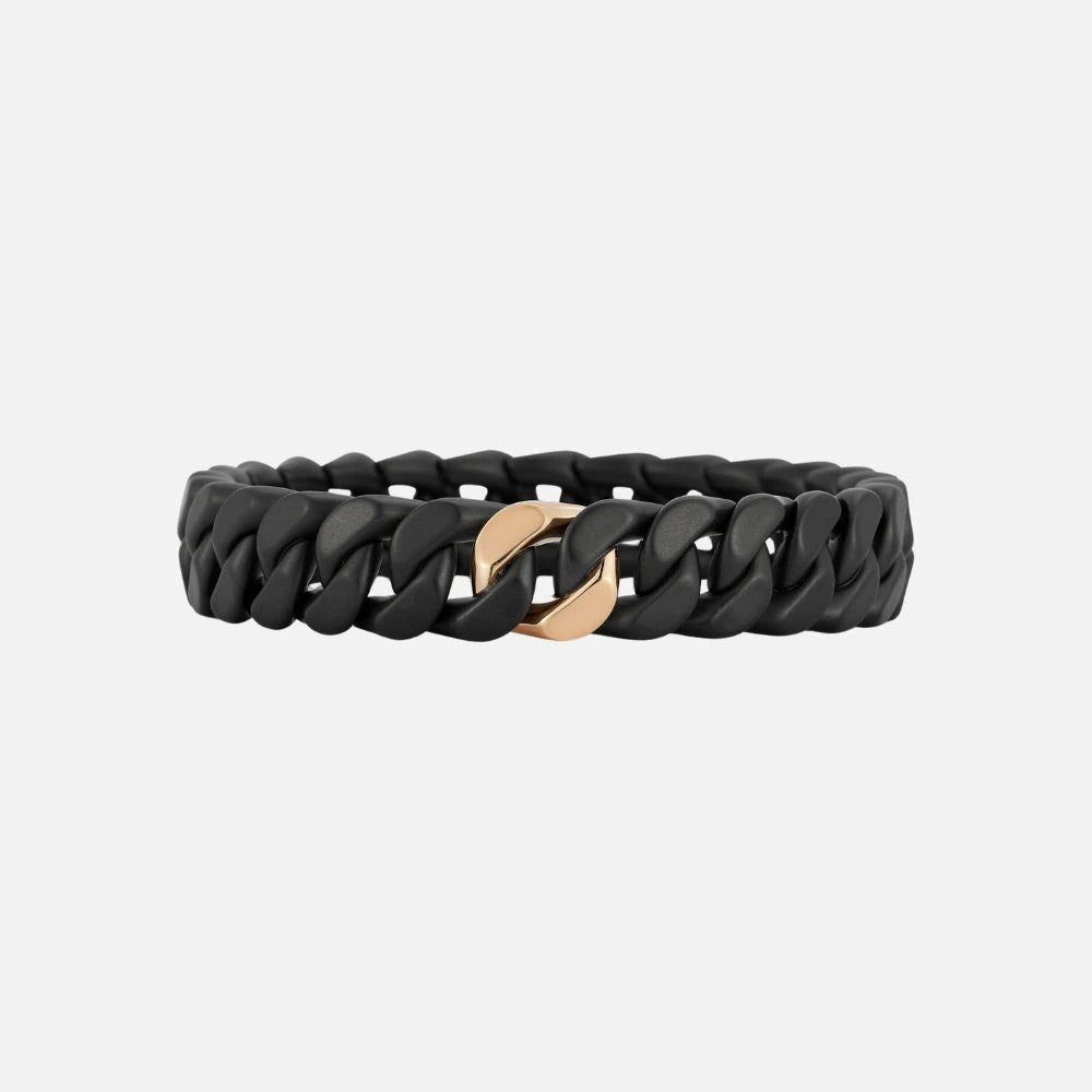This black ceramic link bracelet is accented with a single polished rose gold link.