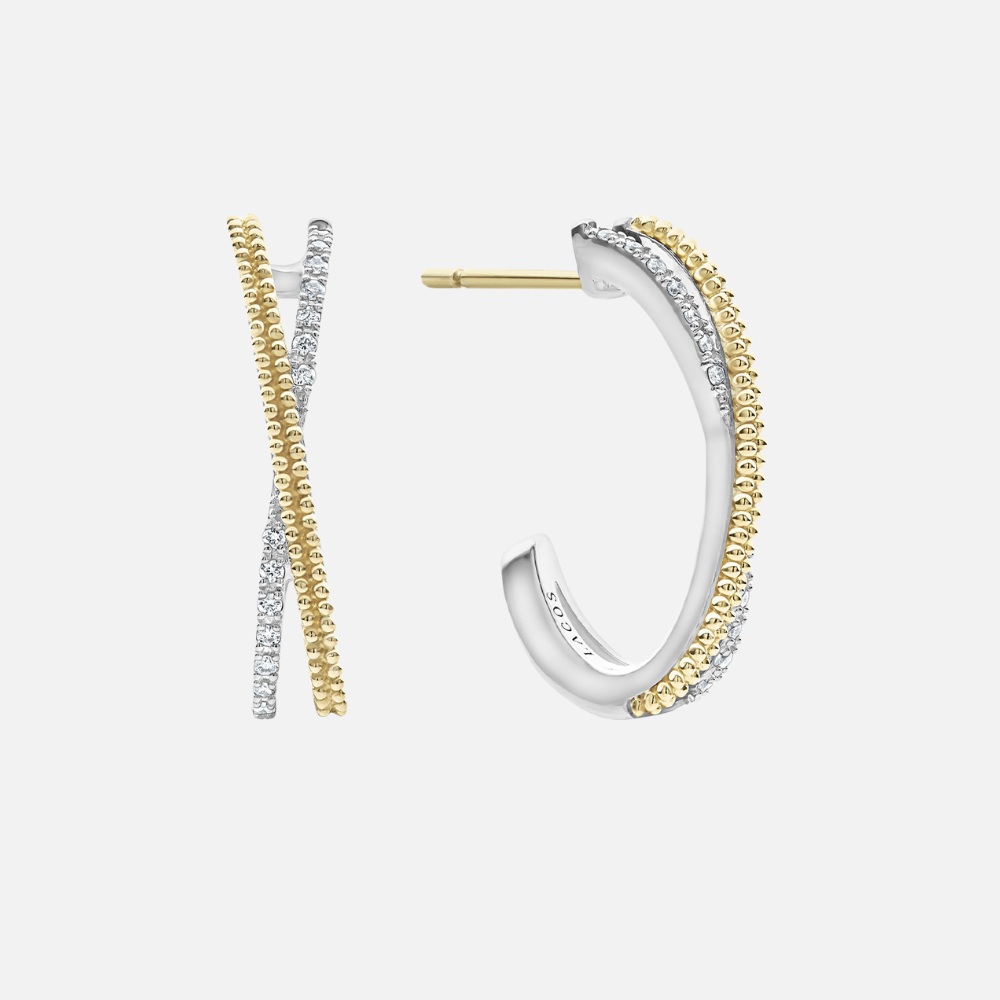 Lagos Caviar Lux Thin Two-Tone Caviar X Diamond Hoops