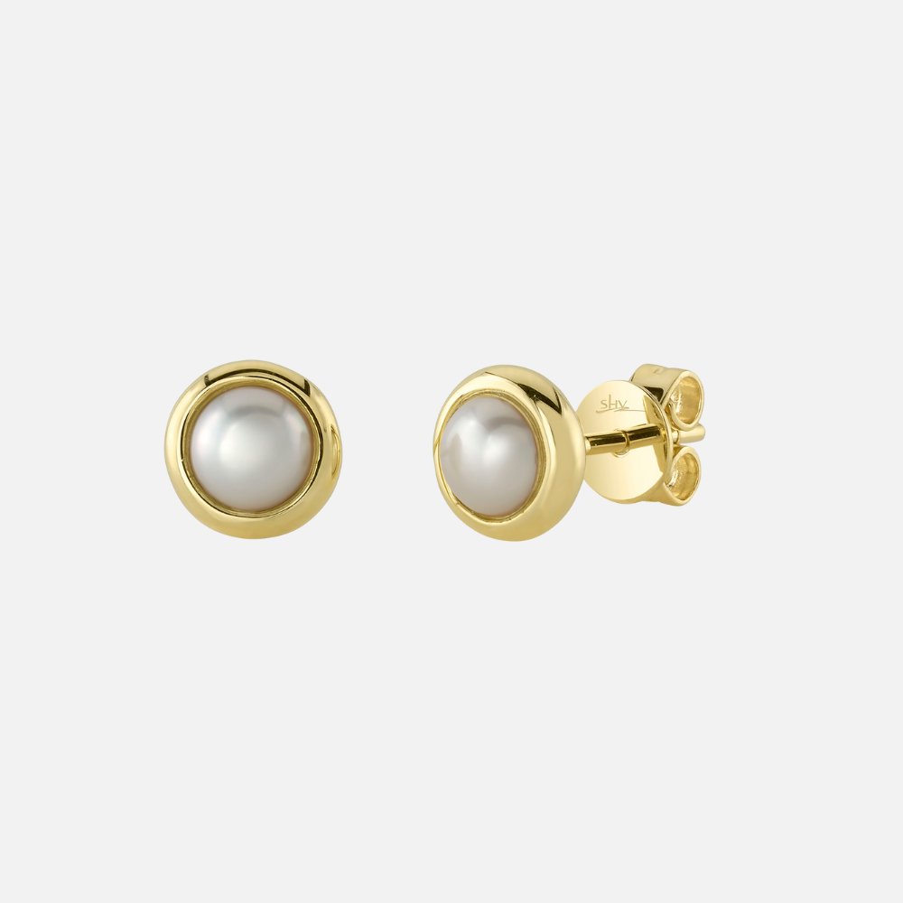 Shy Creation Gold Bezel-Set Pearl Stud Earrings