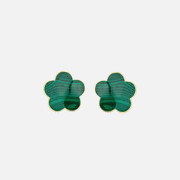 Carved Malachite and Diamond Flower Stud Earrings