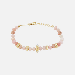 14k Gold and Faceted Pink Opal Rondelle Bead Bracelet with 2-Prong Diamonds