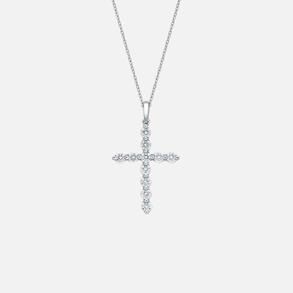 Single Prong Diamond Cross Necklace in white gold
