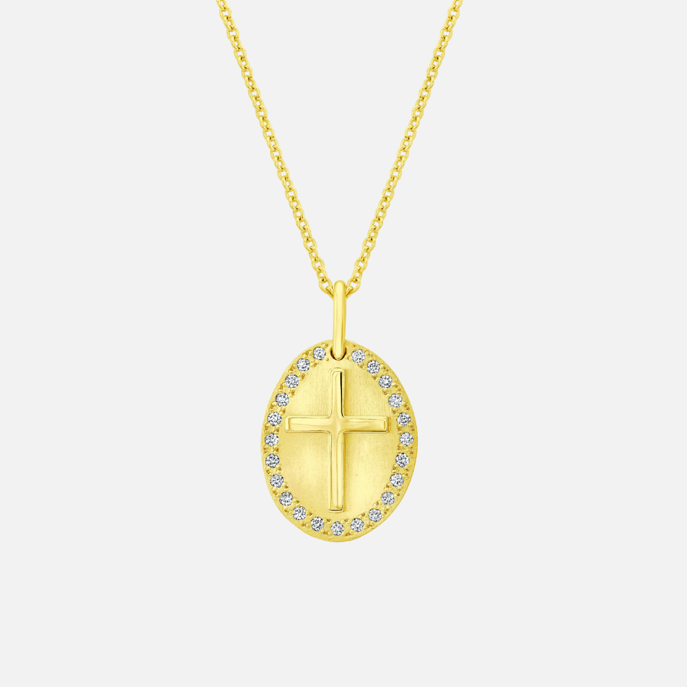 Rahaminov Cross Oval Disc Gold and Diamond Halo Necklace