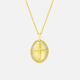 Cross Oval Disc Gold and Diamond Halo Necklace