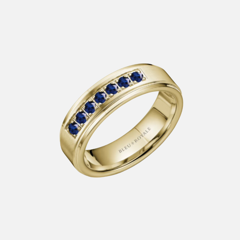 14k Yellow Gold Sandpaper Center with Blue Sapphires Band
