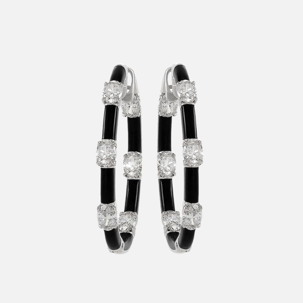 Etho Maria Black Enamel and White Gold Diamond Hoop Earrings